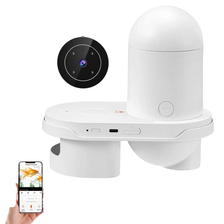 Hranitoare acvarii, 2.5K camera, control prin aplicatie, alb, capacitate 100ml