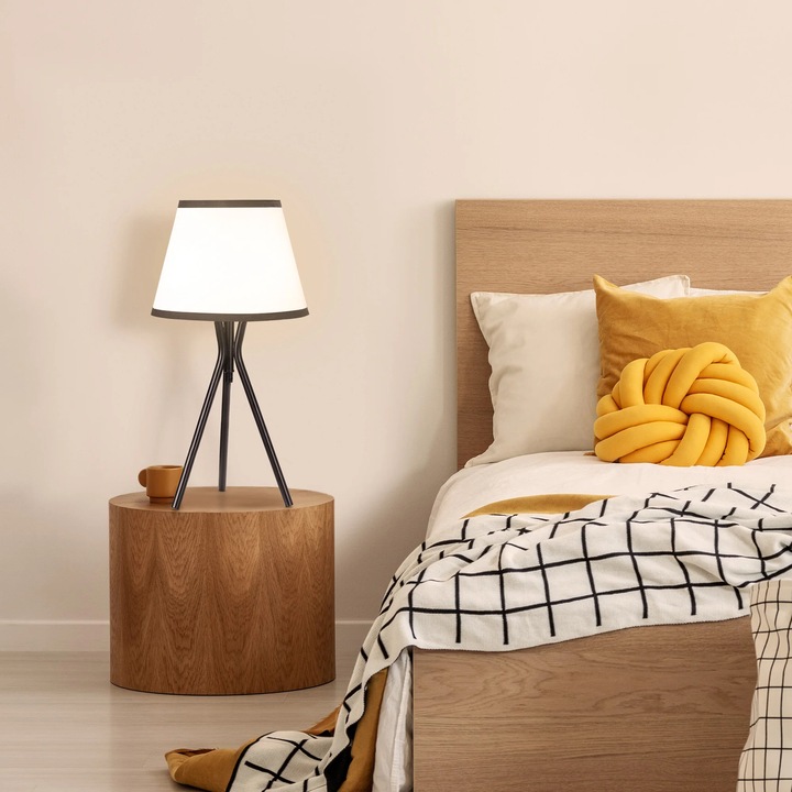 Lampa de masa, Tripod, Stativ metalic, Abajur textil, Soclu E27, 40 W, Alimentare AC, 60–249 lm