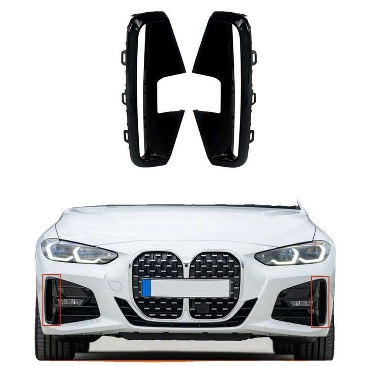Grila fata BMW 4 Series 2021-2024, set cu 1 grila inferioara si 2 grile pentru proiectoare, plastic, 93x22x9.5cm, 45x35x9cm