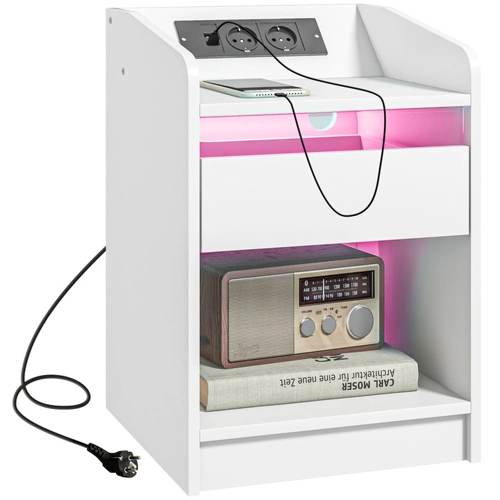 Noptiera, Comoda de noptiera, Iluminare LED, Sertar, Raft, Statie de incarcare cu porturi USB, Telecomanda, 40x40x58 cm, Alb