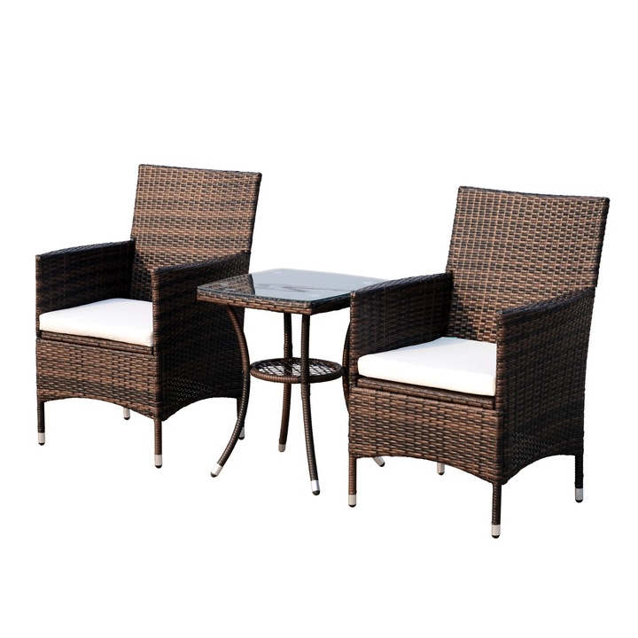 Mobilier de gradina din ratan, Set bistro/cafenea, 1 masa + 2 scaune, Pentru exterior/terasa, Necesita asamblare, Maro