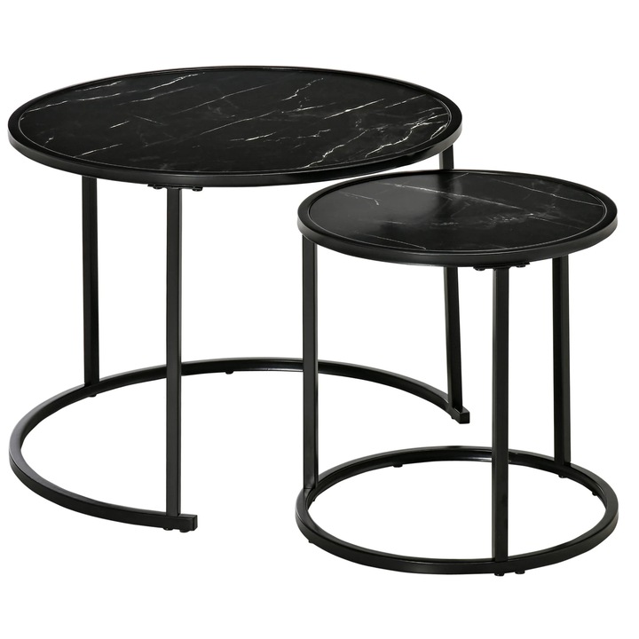 Set masute de cafea, 2 bucati rotunde, Stivuibile, Blat efect marmura, Otel & MDF, Dimensiuni 60×60×46 cm, Negru