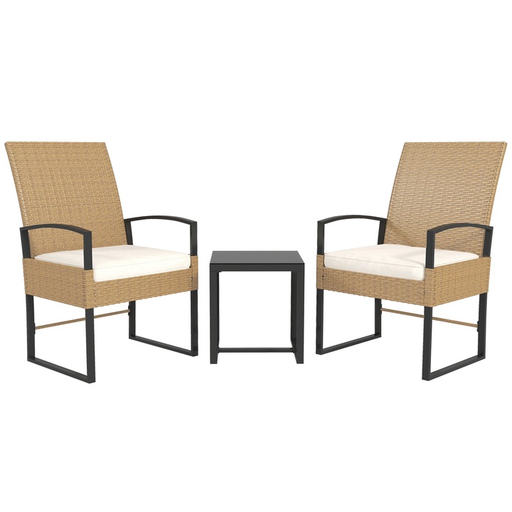 Set mobilier de gradina, Set lounge 3 piese, Spatar reglabil, Perne incluse, Pentru exterior, Necesita asamblare, Bej si alb