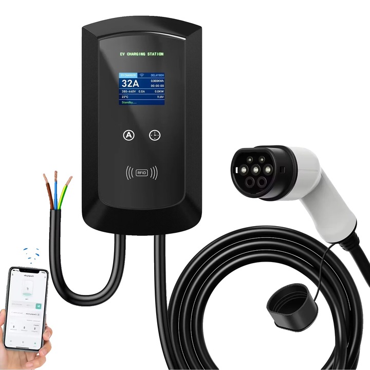 Incarcator EV, 7.6KW 32A 1 faza, Tip 2 cu aplicatie, design rezistent la intemperii, 5m