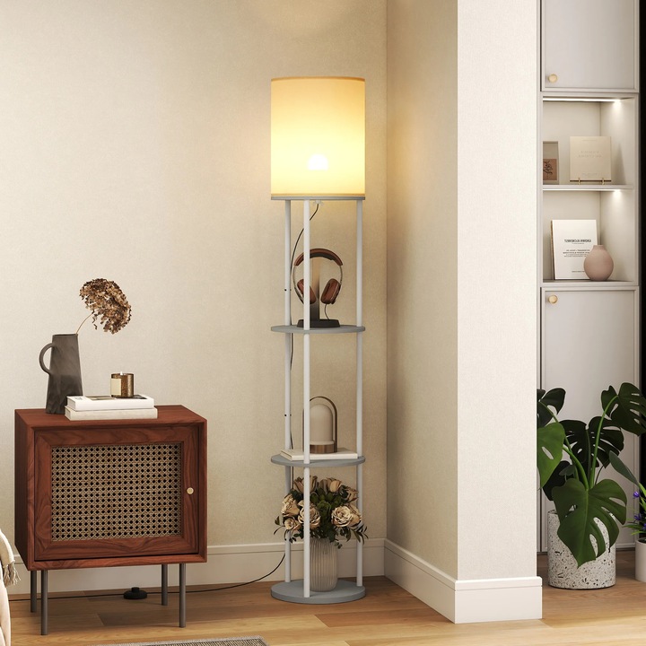 Lampadar cu rafturi, 3 temperaturi de culoare, telecomandă, negru, 29x158cm