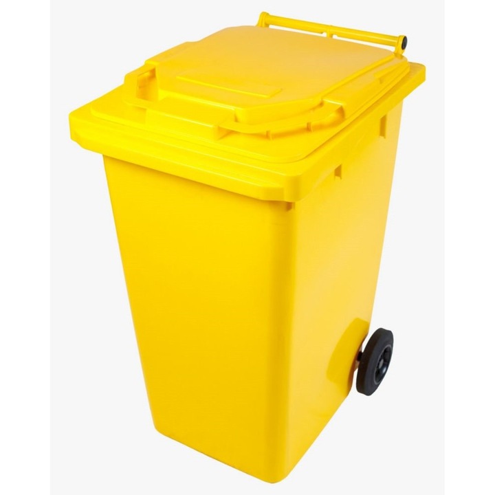 Pubela mobila DacEnergy©, construita din plastic, cu roti, rezistent la actiunea razelor ultraviolete, frig, caldura, capac plat cu deschidere la 270 grade, 240 L, 736 x 579 x 1030 mm, galben