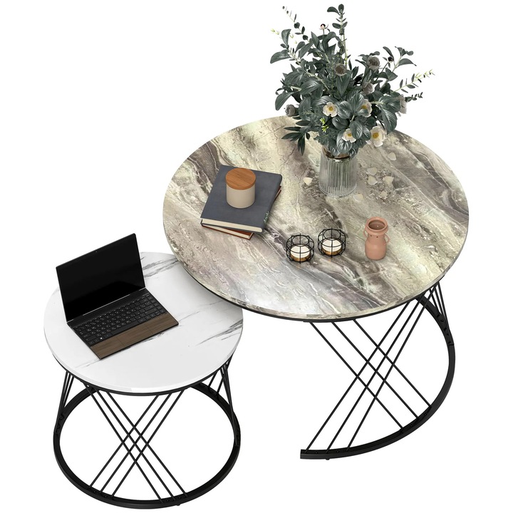 Set 2 mese, Mese de cafea rotunde, Suprapozabile, Lemn cu aspect de marmura, Ø70x46, 5 si Ø44, 5x39 cm, Gri deschis