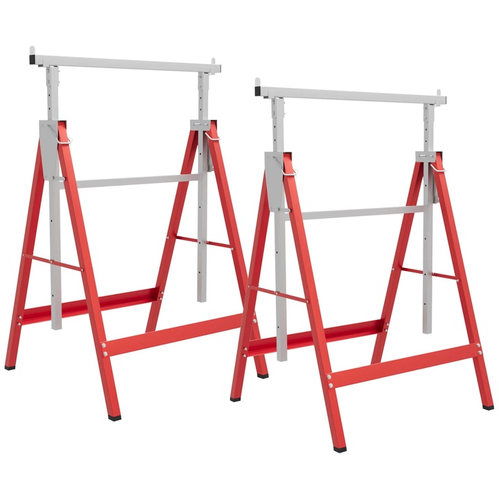 Set 2 Capre de lucru/Capre pentru fierastrau, Pliabile, Reglabile pe inaltime 80–130 cm, Otel, 68x58 cm, Rosu