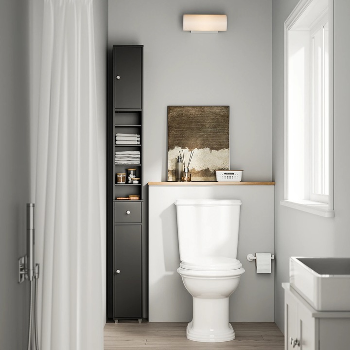 BZR34-II-SH, Dulap inalt pentru baie, Rafturi reglabile, Lemn masiv, Economisitor de spatiu, Asamblare necesara, Negru