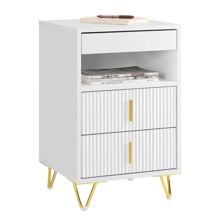 FBT168-W, Noptiera / masuta laterala, 3 sertare, Stil marocan modern, Pentru dormitor si living, Alb