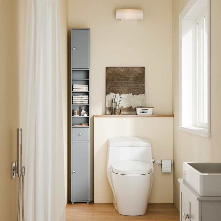 BZR34-II-SH, Dulap inalt de baie, Independent, Rafturi Reglabile, Ingust, Economisitor de Spatiu, Necesita Asamblare, Gri Deschis