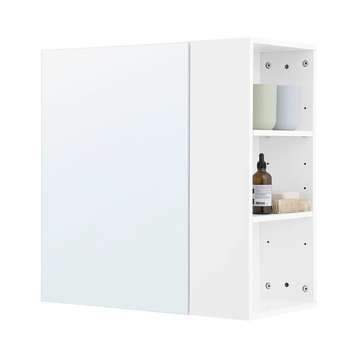 BZR184-W, Dulap de baie suspendat, 1 usa cu oglinda, rafturi deschise, alb
