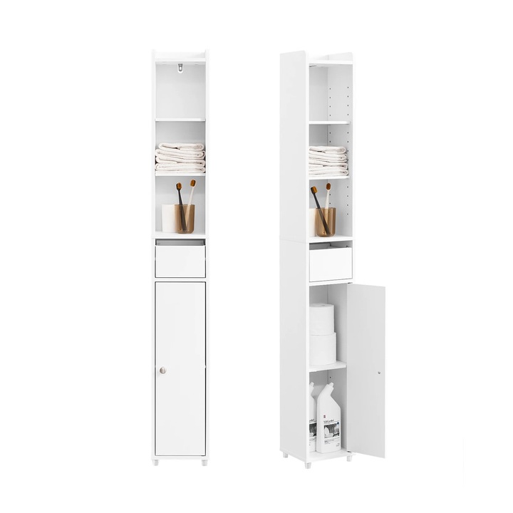 Dulap baie, BZR34-K-W dulap inalt ingust, cu usa si sertar, rafturi de nisa, independent, necesita asamblare, alb