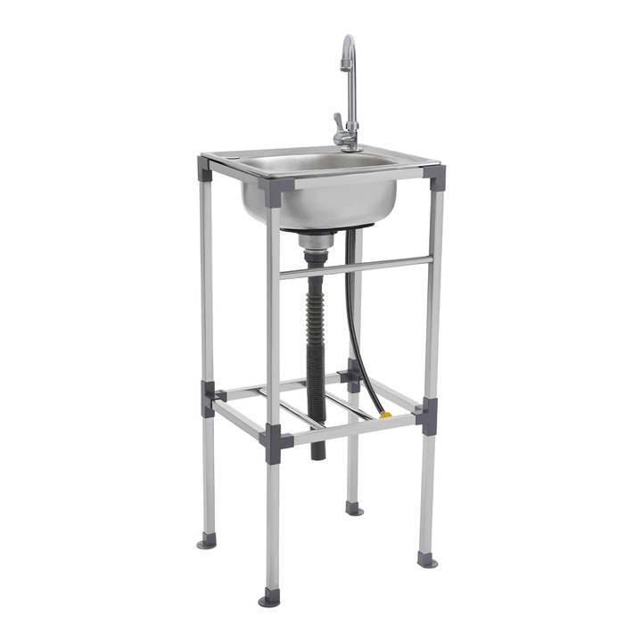 Chiuveta pe stativ, Cuva simpla, 42×37×83 cm, Otel inoxidabil, Cu baterie, teava de scurgere, cos filtru, Argintiu