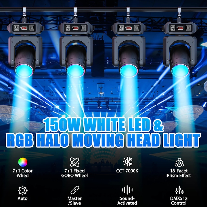 Moving Head LED, Lumina de scena DMX 150W, LED alb 80W + 21×0, 3W RGB halo, DMX512 & RDM, 14 Canale, Auto/Sunet/Master‑Slave, 90–240V, Lumina calda