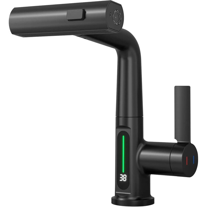 Baterie cascada pentru lavoar, Monocomanda cu un singur orificiu, Pipa extensibila, Afisaj digital temperatura, Apa calda/rece, Montaj pe blat, Corp din alama