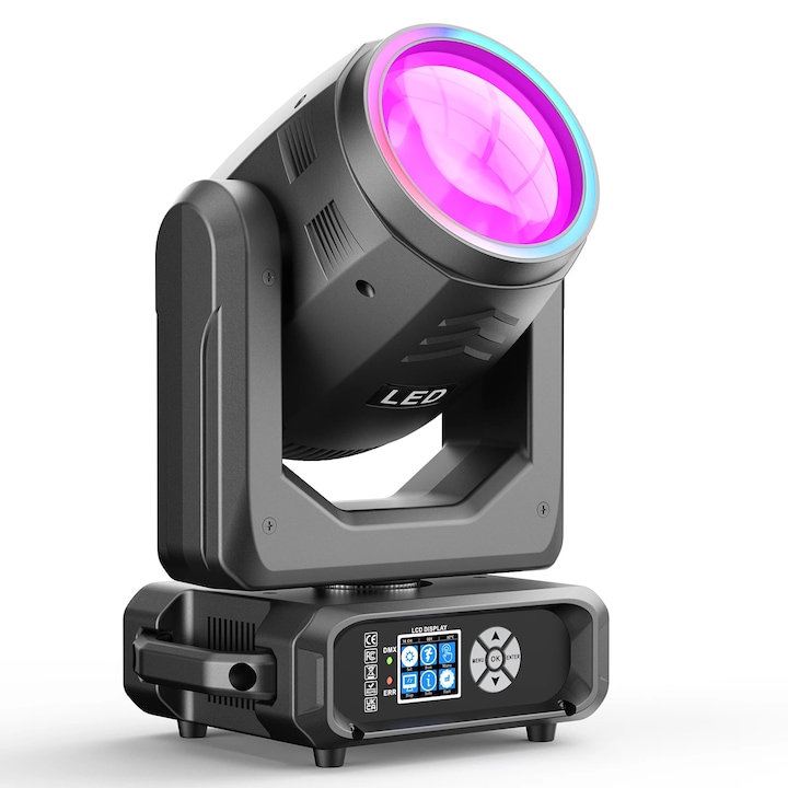 LED Moving Head Beam, Proiector de scena, 200W, DMX512/RDM, 12 Culori, 15 Gobo, Prisma 18 Fete 360°, Zoom, Lumina Calda