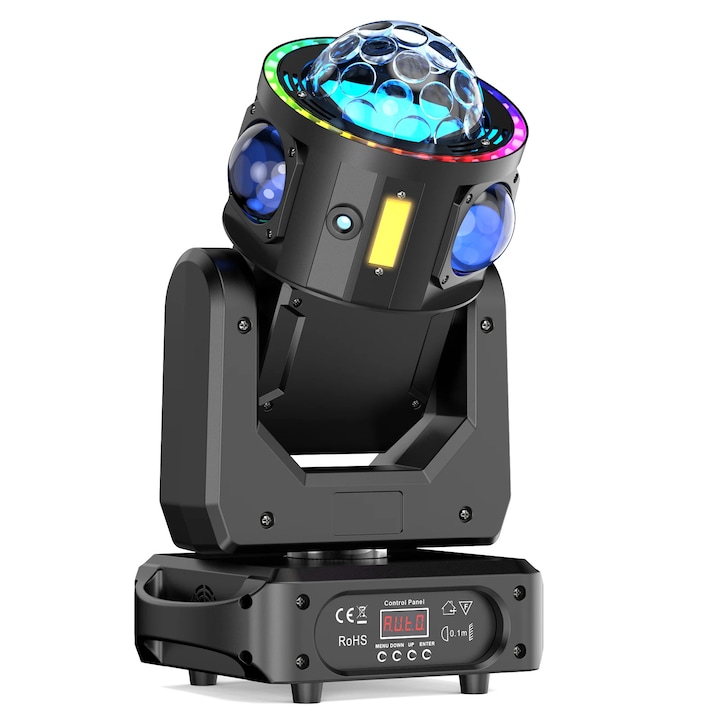 Moving Head LED, 120W DMX lumina de scena DJ, DMX512/RDM, 19/25 canale, LED RGBW + laser RGB, Stroboscop, 90–240V, Lumina calda