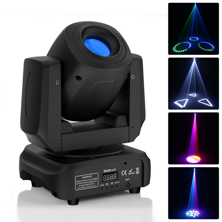 Lampa de scena LED, Gobo Moving Head, 120W, Control DMX, 110–220V, Pentru scena si DJ, Alb cald