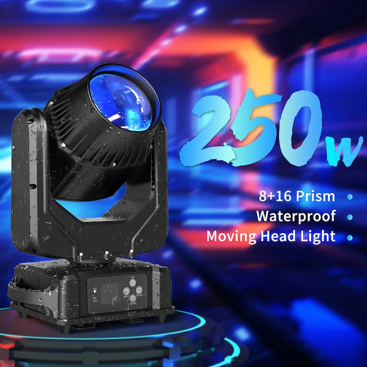 Moving Head Beam LED, Proiector scena, 250W IP65, Prisma cu 24 fete, DMX512/RDM 14 canale, Activat de sunet Auto/Master-Slave, 90–240V, Alb cald
