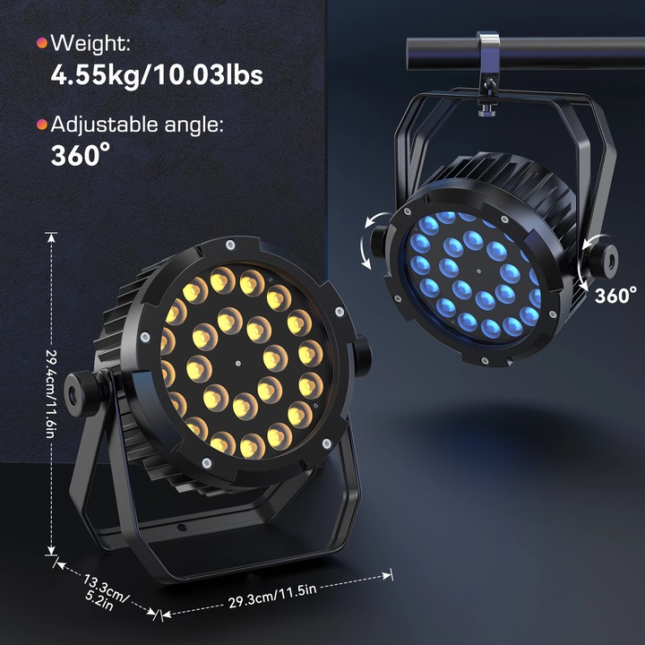 LED PAR Прожектор, DJ сценични светлини, Комплект от 4, 24x15W RGBWA+UV 6-в-1, IP65 водоустойчив, DMX512 6/10 канала, Стробоскоп и контрол на звука, 90–240V 360W, Топла светлина