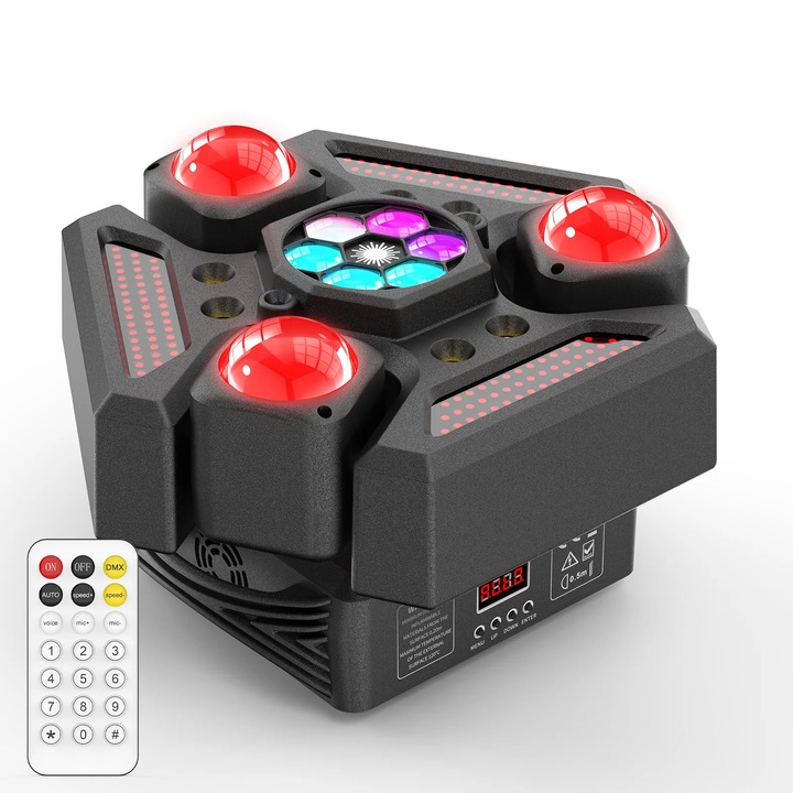 Lumina de scena, Moving Head 3 brate, 180W, efect Bee Eye rotativ, DMX512 24/32CH, RGBW Beam & Strobe, Activare pe sunet & auto, Lumina calda