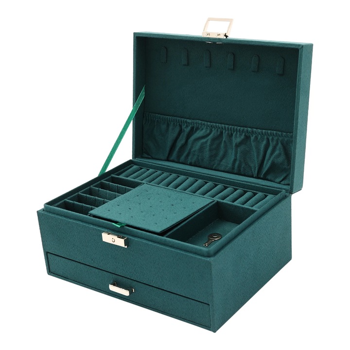 Cutie de bijuterii si organizator, 3 niveluri, pentru masa, dreptunghiulara, material textil tip piele intoarsa si metal, pentru inele, cercei, coliere, verde inchis