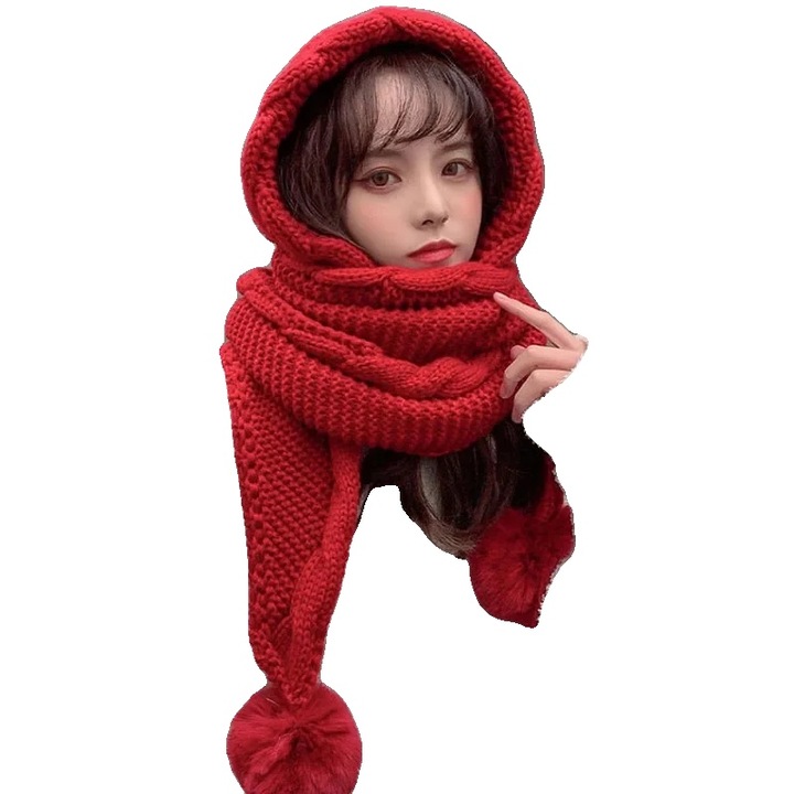 Set caciula si fular, lana termica, design multifunctional, rosu, L
