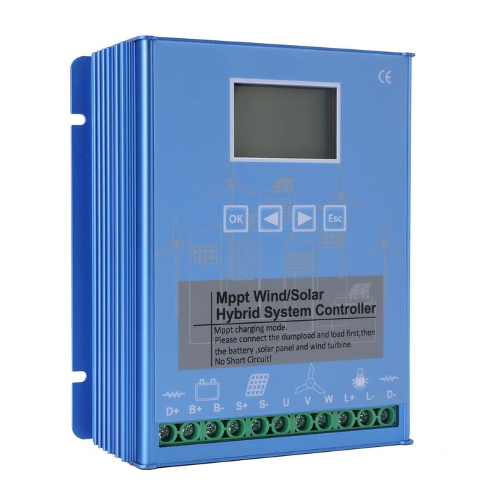 Controler Hibrid MPPT Eolian + Solar, KZQ-ZBYZBY-004, Eolian 1000 W & Solar 1000 W, 24V/48V Automat, Cu Rezistor Dump Load, Mov