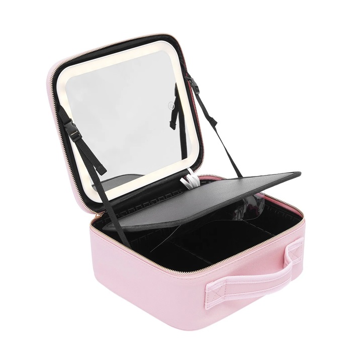 Geanta machiaj cu LED si oglinda, Organizator cosmetice de calatorie, 3 Moduri de lumina, Luminozitate reglabila, Oglinda argintata 4K, Divizoare, Piele PU, 26x23x11 cm, Roz