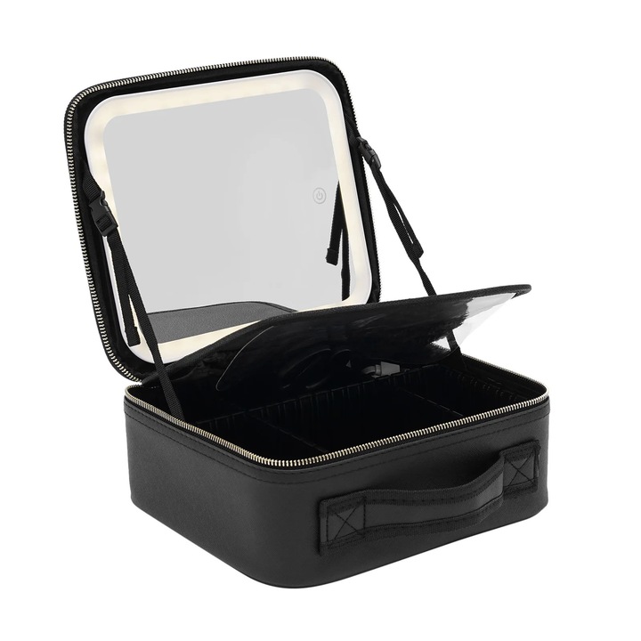 Geanta machiaj LED, Organizator cosmetic de calatorie cu oglinda, Oglinda mare 23, 5×20, 5 cm, 3 moduri de lumina, Luminozitate reglabila, Separatoare ajustabile, 26×23×11 cm, Piele PU, Negru