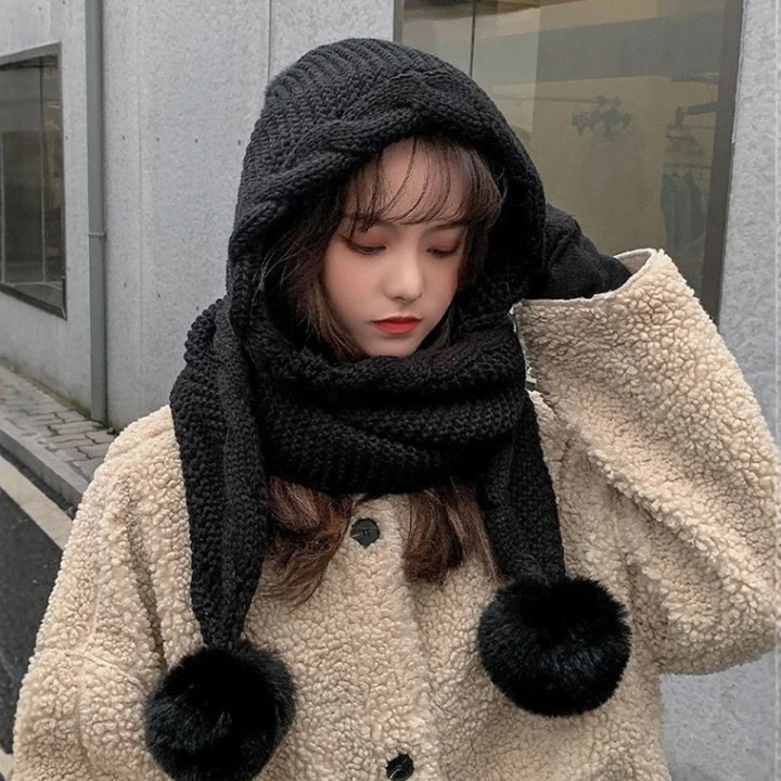 Set caciula si fular dama, lana termica, design multifunctional, negru, L