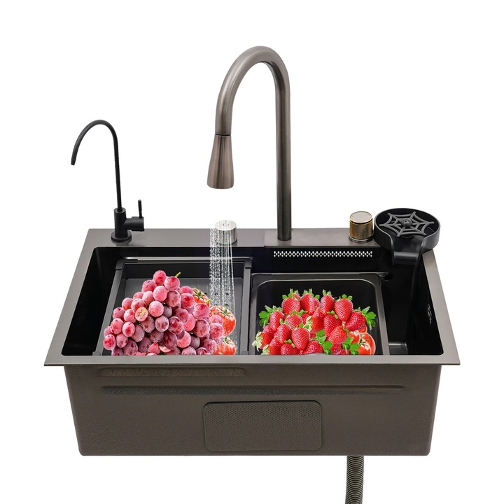 Chiuveta de bucatarie, Cu o singura cuva, Lungime 68 cm, Otel inoxidabil, Cu baterie, Trei gauri, Alb