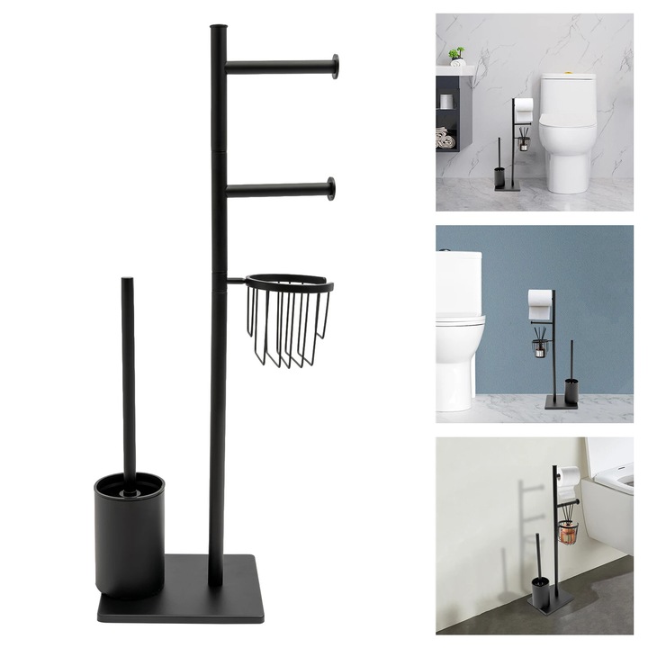 Perie WC cu suport hartie igienica, Stativ, Bambus, Depozitare integrata, Design vertical, Perie durabila, Negru