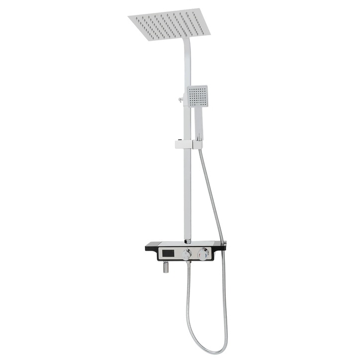 Sistem de dus termostatic, Set dus ploaie, Cap de dus patrat, Baterie monocomanda, Debit 6, 8 L/min, Argintiu deschis