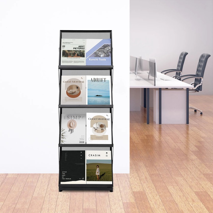 Suport brosuri si reviste, Stand de podea, Pliabil, 4 Niveluri, Format A3, Design tip plasa, Fier, Negru