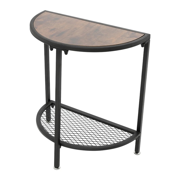 Masuta laterala / masuta de cafea, semicirculara, 2 niveluri, raft metalic, pentru living, dormitor, balcon, negru