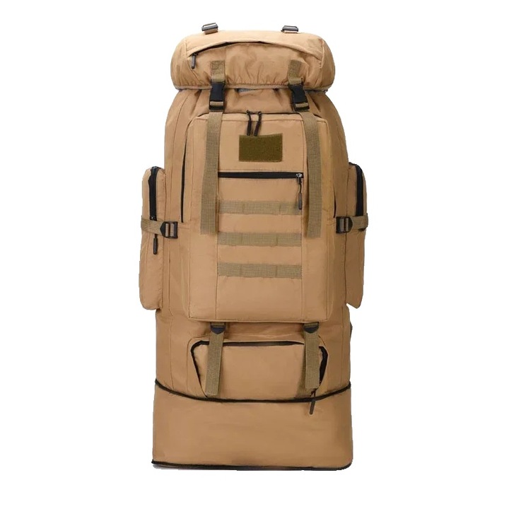 Hegyi hátizsák, 100 literes űrtartalom, tartós kialakítás, khaki színű