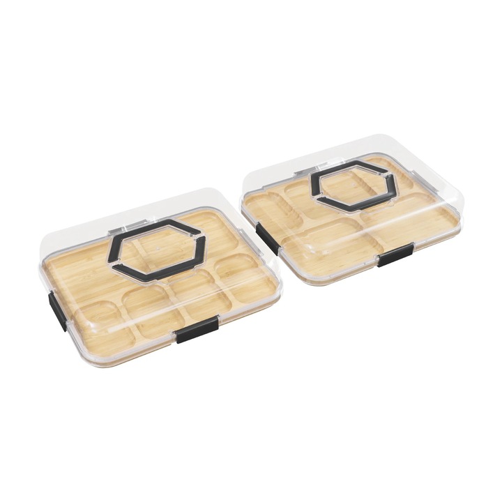 Set 2 platouri pentru charcuterie, 6 compartimente, bambus & acrilic, albastru, 35, 3x28, 3cm