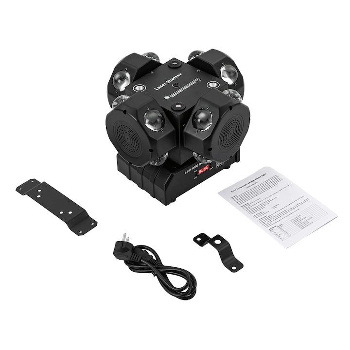 Lampa de scena LED, Moving Head Beam 4 capete, 200W, efecte multiple, AC 90–240V, motor pas cu pas, IP25, negru