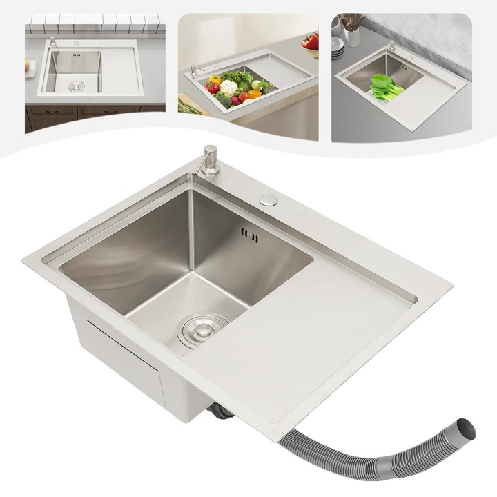 Chiuveta de bucatarie comerciala, Cuva simpla, Capacitate mare, Otel inoxidabil, Fara baterie, O gaura, Asamblare, Argintiu