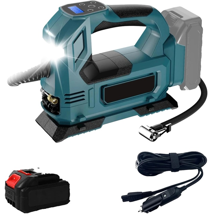 Elektromos, gyors felfújó pumpa, kettős tápellátás, 1 akkumulátoros készlet, 130 PSI, 35 liter/perc, kompakt méretek