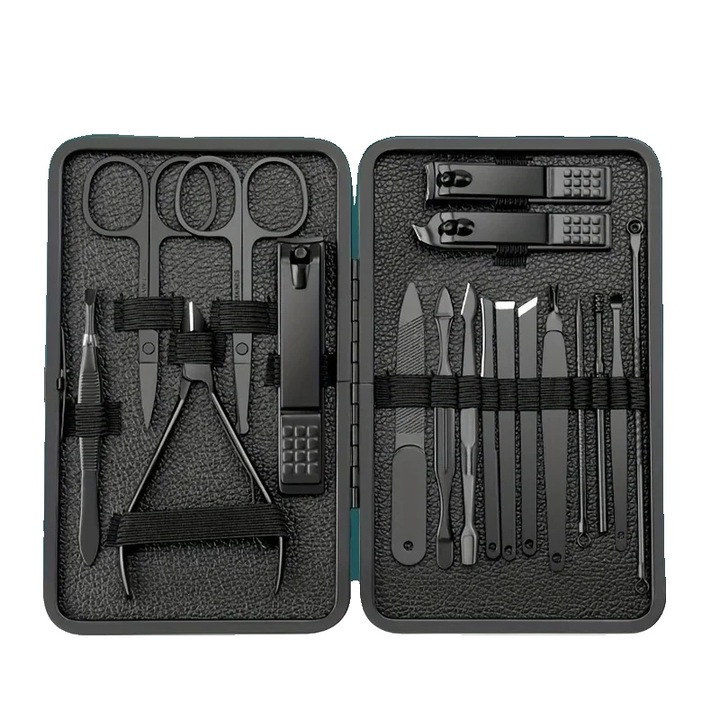 Set truse manichiura si pedichiura, 18 piese, inox, negru, cu husa din piele