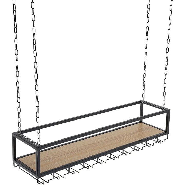 Suport pahare vin si raft pentru vin, Raft de tavan, Design plutitor, 1 nivel, Cu agatatoare pentru pahare, Negru