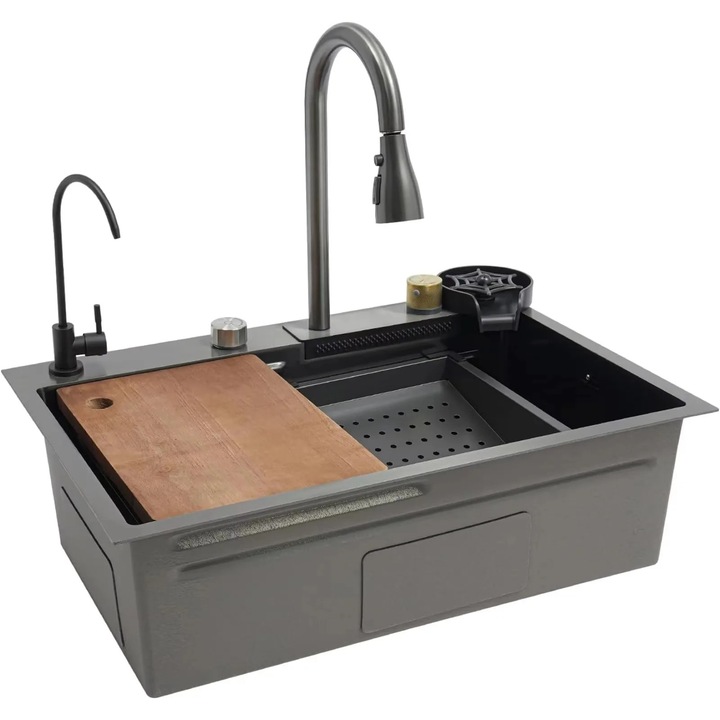 Chiuveta de bucatarie, Chiuveta dubla din inox, Cu baterie, Pipa extensibila, 2 orificii, Design cascada, 68×45×21 cm, Negru