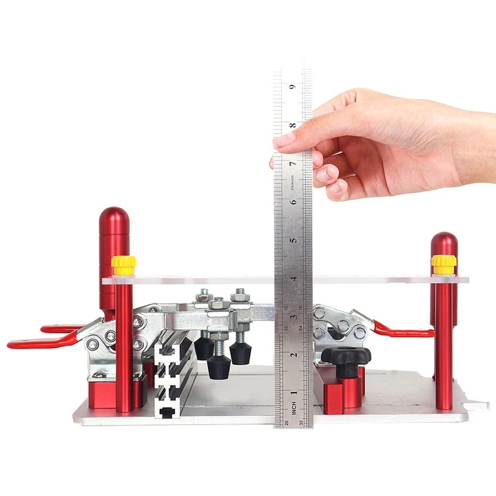 Masa de frezat, Sanie Coping Sled, Cu Cleme, Sina de ghidare, Metal, Taieturi precise pentru imbinari la usi de dulap si fete de sertar, Rosu