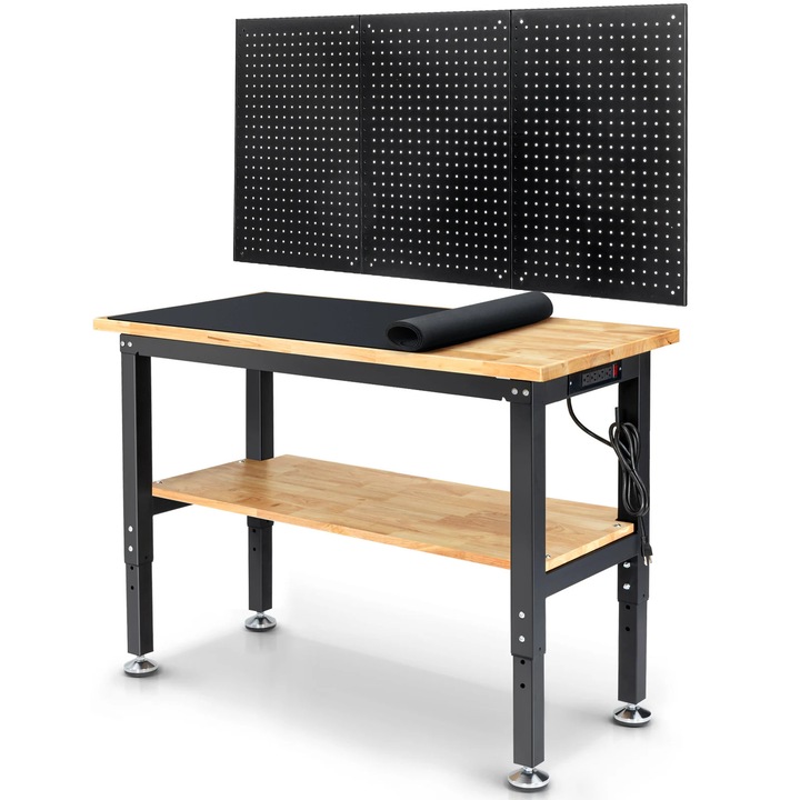 Banc de lucru pentru tamplarie, WB0101-Plus, 122 cm, Inaltime reglabila, Blat din lemn de cauciuc, Cu spatiu de depozitare, Pentru garaj/atelier, Verde/Mov