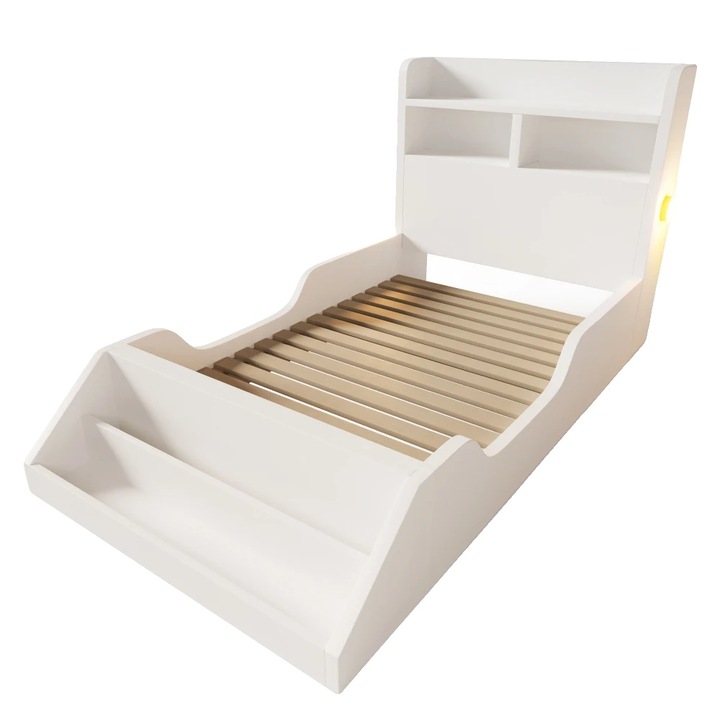 Ágy tárolóhellyel, éjjeli lámpákkal, fehér, 90x200cm