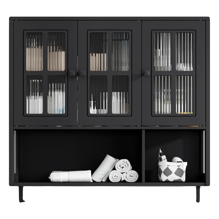 Mobilier baie, design minimalist, negru - MDF, sticla, montare pe perete, compartimente multiple