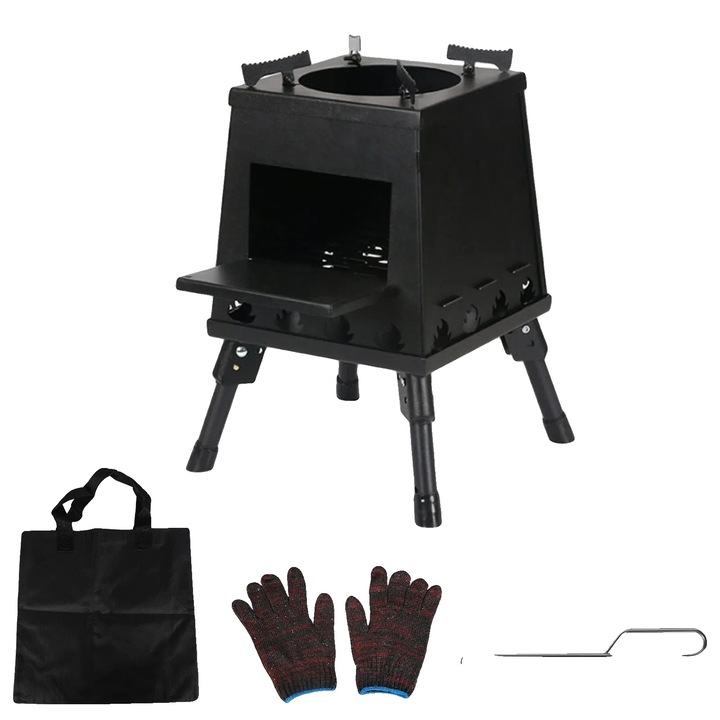 Arzator camping, design portabil, utilizare combustibil multipurpose, negru, pentru pana la 3 utilizatori